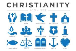 kristendomen ikon uppsättning med tro, bibel, crucifixion , dop, kyrka, uppståndelse, helig anda, helgon, bud, ljus, skydd, rättvisa, säkerhet och kärlek ikoner vektor