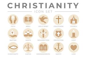 runda kristendomen ikon uppsättning med tro, bibel, crucifixion , dop, kyrka, uppståndelse, helig anda, helgon, bud, ljus, skydd, rättvisa, säkerhet och kärlek Färg ikoner vektor