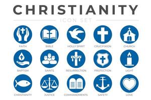 runda kristendomen ikon uppsättning med tro, bibel, crucifixion , dop, kyrka, uppståndelse, helig anda, helgon, bud, ljus, skydd, rättvisa, säkerhet och kärlek kristen ikoner vektor