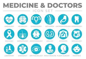 runda medicin och sjukvård ikon uppsättning av kardiologi, neurologi, gynekologi, ortopedi, onkologi, immunologi, laboratorium, nödsituation, oftalmologi, familj medicin, plast kirurgi, pediatrik vektor