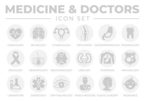 runda grå medicin och doktorer ikon uppsättning av gynekologi, ortopedi, gastroenterologi, stomatologi, onkologi, dermatologi, laboratorium, nödsituation, oftalmologi, familj medicin, plast kirurgi, pediat vektor