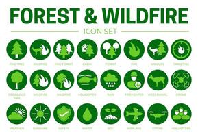 grön skog och löpeld runda ikon uppsättning med brand, tall, stuga, vilda djur och växter, helikopter, regn, väder, brandman, vild djur, Drönare, vatten, flygplan, frivilliga, jord, säkerhet, solsken symboler vektor