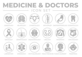 runda översikt sjukvård ikon uppsättning av kardiologi, neurologi, gynekologi, onkologi, dermatologi, urologi, laboratorium, nödsituation, oftalmologi, familj medicin, plast kirurgi, pediatrik mig vektor