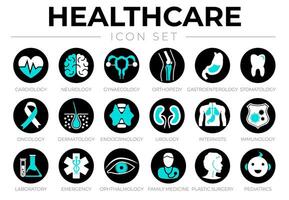 svart sjukvård ikon uppsättning av kardiologi, neurologi, gynekologi, ortopedi, gastroenterologi, urologi, internister, nödsituation, oftalmologi, familj medicin, plast kirurgi, pediatrik medicinsk ic vektor