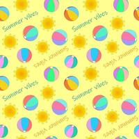 Strand Bälle zum Kinder, Sonne und Sommer- Stimmung Beschriftung auf Gelb Hintergrund. Sommer. nahtlos bunt Muster. vektor