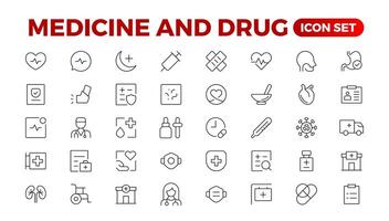 einstellen von Medizin Symbole. einfach Linie Kunst Stil Symbole Pack. pharmazeutisch. linear Symbol Sammlung. Gliederung Symbol Sammlung. vektor