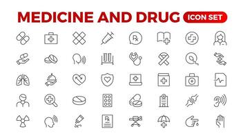 uppsättning av medicin ikoner. enkel linje konst stil ikoner packa. farmaceutisk. linjär ikon samling. översikt ikon samling. vektor