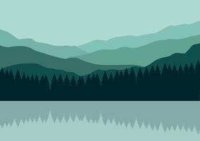 Berge und Kiefer Wälder im Seen. Illustration im eben Stil. vektor