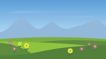 landskap tecknad serie scen med färgrik blomma på grön kulle och berg med blå himmel bakgrund vektor