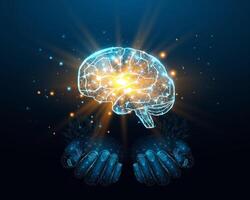 zwei Mensch Hände sind hält Mensch Gehirn. Unterstützung gesund Gehirn Konzept. Drahtmodell glühend niedrig poly Design auf dunkel Blau Hintergrund. vektor