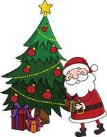 santa claus lämnar en närvarande under en jul träd illustration vektor