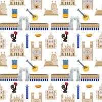 nahtlos Muster mit das Sehenswürdigkeiten von Lissabon Portugal, Illustration ist gemacht im ein eben Stil zum Hintergrund Hintergrund, Geschenk Verpackung, Souvenir Produkt Design, Postkarten und Notizbücher zum Touristen vektor