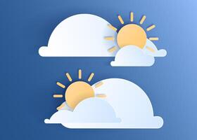 Papier Schnitt Wetter Element von Wolken und Sonne auf Blau Himmel Hintergrund. Prognose Weiß Wolke Symbol Symbol Sammlung. 3d Papercraft Rahmen Symbol zum Plakate und Flyer, Präsentation, Netz, Sozial Medien vektor