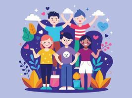 Lycklig vänskap dag söt tecknad serie illustration med Pojkar och flickor sätta deras händer i platt stil vektor