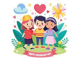 Lycklig vänskap dag söt tecknad serie illustration med Pojkar och flickor sätta deras händer i platt stil vektor