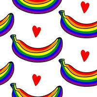 Muster von Bananen farbig im ein Regenbogen. isoliert Früchte mit Farbe. ein geschlossen Banane im anders posiert und Herzen. ein lgbt unterzeichnen. geeignet zum Webseite, Blog, Produkt Verpackung, Zuhause Dekor, Schreibwaren vektor