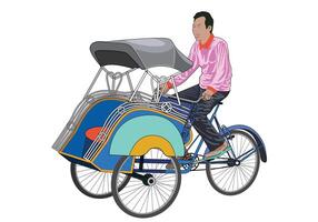 riksha becak yogyakarta. trehjuling läge av transport fordon. isolerat på vit bakgrund. vektor