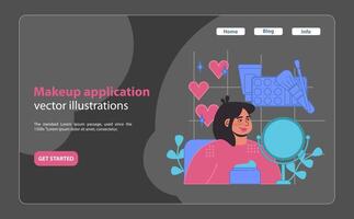 smink Ansökan handledning. en glad kvinna engagerar med olika kosmetika. vektor