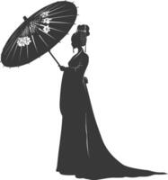 Silhouette unabhängig Chinesisch Frauen tragen Hanfu mit Regenschirm schwarz Farbe nur vektor