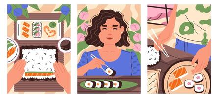 Menschen Herstellung und Essen Sushi. Mädchen versuchen Sushi. Konzept von asiatisch Essen, Sushi. Vertikale Abbildungen vektor