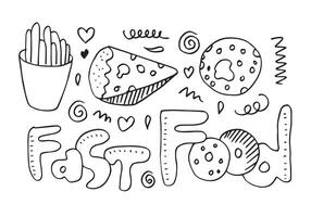 Fast-Food-Doodle. ikonen hand gezeichnet. handzeichnung stile fast-food-menü. restaurant-menü. vektor