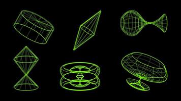 3d trådmodell modeller av objekt nätverk linje. geometrisk former atmosfär framtida. retro trogen design för teknologisk eller vetenskaplig element. ljus Färg svart bakgrund. illustration. vektor