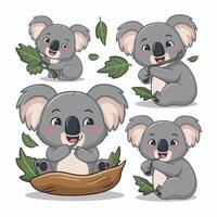 uppsättning av söt grå koala Björn i annorlunda poser äter sovande löv tecknad serie djur- design platt illustration isolerat på vit bakgrund vektor