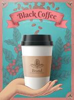 Einweg Kaffee Tasse im 3d Illustration Über Kaffee Bohnen und Blätter Gravur Design auf Blau Hintergrund vektor