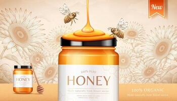 honung produkt paket design med honungsbin och flytande droppande i 3d illustration med graverat blommor bakgrund vektor