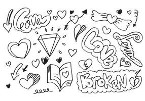 Hand gezeichnet Kritzeleien einstellen zum Valentinstag Tag. Sammlung von schön Herzen und Schriften Liebe auf Weiß Hintergrund. vektor