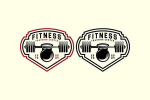 Hantel und Kessel Glocke Logo Design zum Bodybuilding, Kraftdreikampf, Gewichtheben, Fitness und Fitnessstudio Verein vektor