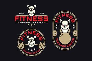 Nashorn mit Hantel und Kettlebell Logo Design zum Fitness, Fitnessstudio, Bodybuilding, Gewichtheben Verein vektor