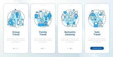 Reise Typen Blau Onboarding Handy, Mobiltelefon App Bildschirm. Reise Agentur Komplettlösung 4 Schritte editierbar Grafik Anleitung mit linear Konzepte. ui, ux, gui Vorlage vektor