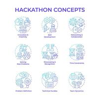 Hackathon Blau Gradient Konzept Symbole. Technik Veranstaltung zum Programm Entwickler. Technik Lösungen. Codierung Wettbewerb. Zusammenarbeit. Symbol Pack. runden gestalten Illustrationen. abstrakt Idee vektor