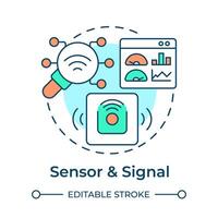 Sensor und Signal multi Farbe Konzept Symbol. Produkt Verfolgung, Bewegung Sensor. Clever Herstellung, in Verbindung gebracht Maschinen. runden gestalten Linie Illustration. abstrakt Idee. Grafik Design. einfach zu verwenden vektor