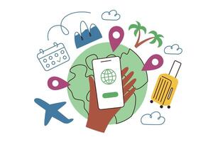 Planung Reise Komposition, Globus mit Ort Symbole, Hand mit Smartphone, Illustration von Handy, Mobiltelefon App zum Touristen, Webseite zum Reisende, organisieren Urlaub, Koffer, Kalender Kritzeleien vektor