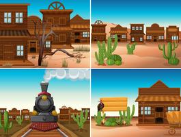 Vier Westernszenen mit Gebäuden und Zug vektor