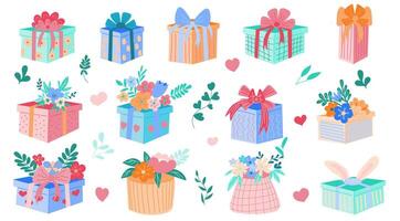 samling av söt gåvor för vår högtider hjärtans dag, påsk dekorerad med blommor, löv och pilbågar, illustrationer i en platt hand -ritad tecknad serie stil. vektor