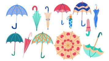 einstellen von anders Regenschirme im verschiedene Positionen, öffnen und gefaltet Regenschirme. schützen Zubehör mit Griffe von anders Design. Hand gezeichnet farbig Illustration im eben Stil, Symbol einstellen vektor