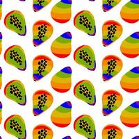 ein Muster von Papaya, gemalt im alle das Farben von das Regenbogen. nahtlos Obst farbig Kern. ganze und geschnitten Früchte. ein lgbt Symbol. geeignet zum Webseite, Blog, Produkt Verpackung und Mehr vektor
