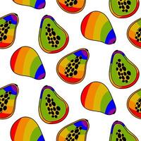 Muster von Papaya, gemalt im alle das Farben von das Regenbogen. nahtlos Früchte mit ein farbig Ader Kontur. ganze und geschnitten Früchte. ein lgbt Symbol. geeignet zum Webseite, Blog, Produkt Verpackung vektor