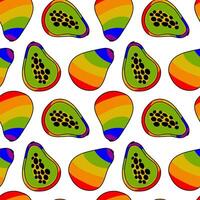 en mönster av papaya, målad i Allt de färger av de regnbåge. sömlös frukt med en färgad kärna kontur. hela och skivad frukter. ett HBTQ symbol. lämplig för hemsida, blogg, produkt, förpackning vektor