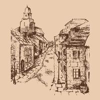 Skizze einer alten Straße mit einer Backsteinstraße und Laternen. detaillierte Freihandzeichnung von Häusern, Umriss vom Hintergrund getrennt. Vektor-Illustration. vektor