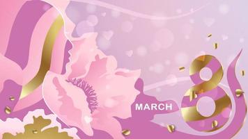 illustration för internationella kvinnodagen. banderoll, flygblad för 8 mars med en kvinnas ansikte och rosa blommor. vektor