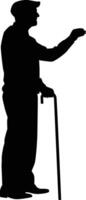 Alten Mann Stehen mit Stock Silhouette Illustration. alt Mann Pose Silhouette im schwarz Farbe. Hand gezeichnet Senior Mann im . vektor