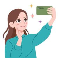 ein glücklich weiblich nehmen Selfie mit Handy, Mobiltelefon Telefon Illustration vektor