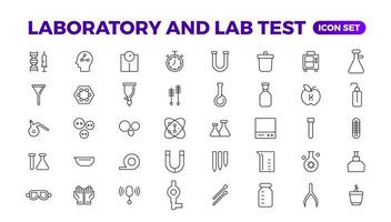 Wissenschaft und Forschung Linie Symbole Sammlung. dünn Gliederung Pack. Droge testen, wissenschaftlich Entdeckung Krankheit Verhütung Zeichen. medizinisch Gesundheitspflege, Arzt Symbole. chemisch Formel, Chemie testen Labor. vektor