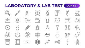 vetenskap och forskning linje ikoner samling. tunn översikt packa. läkemedel testning, vetenskaplig upptäckt sjukdom förebyggande tecken. medicinsk sjukvård, läkare ikoner. kemisk formel, kemi testning labb. vektor