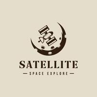 satellit på måne logotyp årgång illustration mall ikon grafisk design. flyg- tecken eller symbol för astronomi begrepp med retro stil vektor