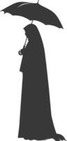 Silhouette unabhängig Emirate Frauen tragen abaya mit Regenschirm schwarz Farbe nur vektor